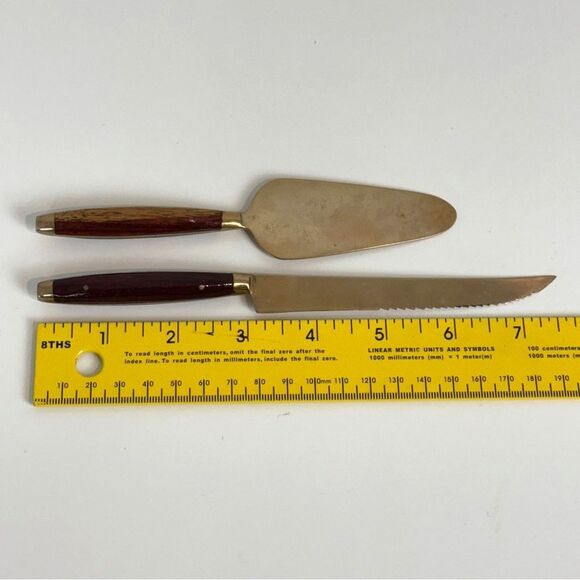 Vintage Brass & Wood Charcuterie Cheese Knife Set - Picture 3 of 3